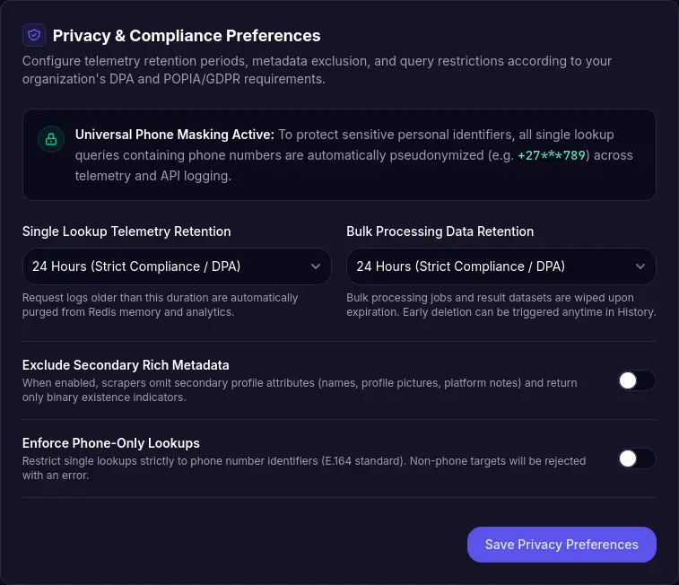 OSINT Trace Workspace Privacy and Compliance Preferences screen showing Exclude Secondary Rich Metadata toggle, 24-hour DPA retention settings, Enforce Phone-Only Lookups, and Universal Phone Masking